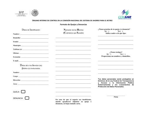 Formato de quejas, denuncias y peticiones - Consar
