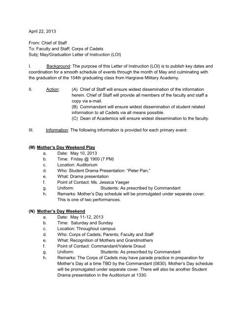 Army Loj Example 2013 Graduation Letter of Instruction - Hargrave Military Academy