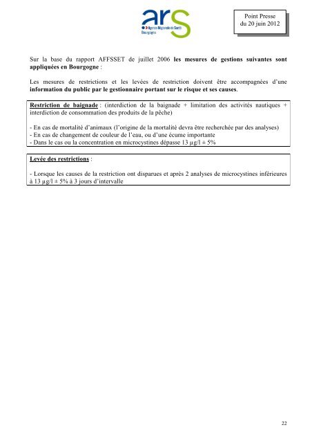 la qualitÃ© des eaux de baignade. - ARS Bourgogne