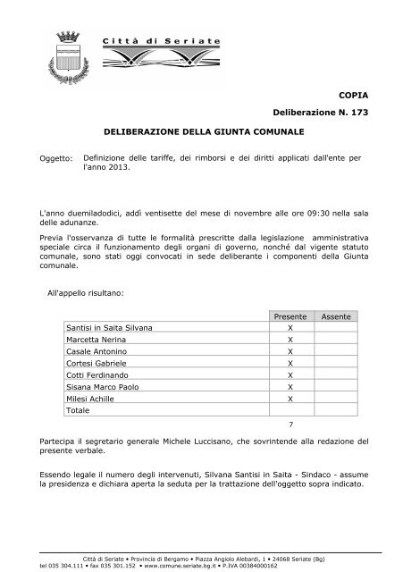 DELIBERAZIONE DELLA GIUNTA COMUNALE ... - CittÃ  di Seriate