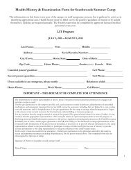 Health History & Examination Form for Southwoods Summer Camp