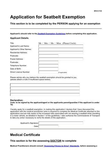 Application for Seatbelt Exemption