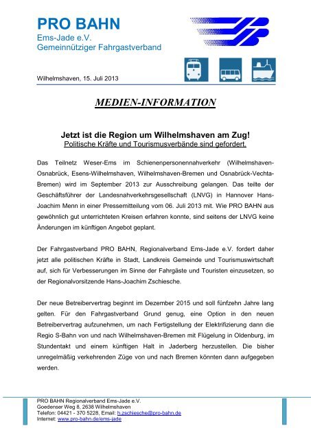 Medien-Information. - Ems-Jade-Bahn