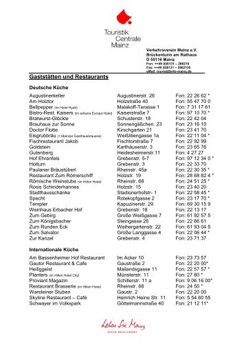 Restaurants im Innenstadtgebiet - Touristik Centrale Mainz