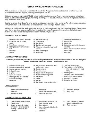 GMHA JHC EQUIPMENT CHECKLIST