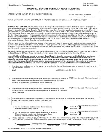 Modified Benefit Formula Questionnaire - Social Security