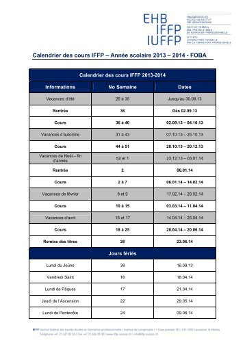 Calendrier des cours IFFP â AnnÃ©e scolaire 2013 â 2014 ... - EHB