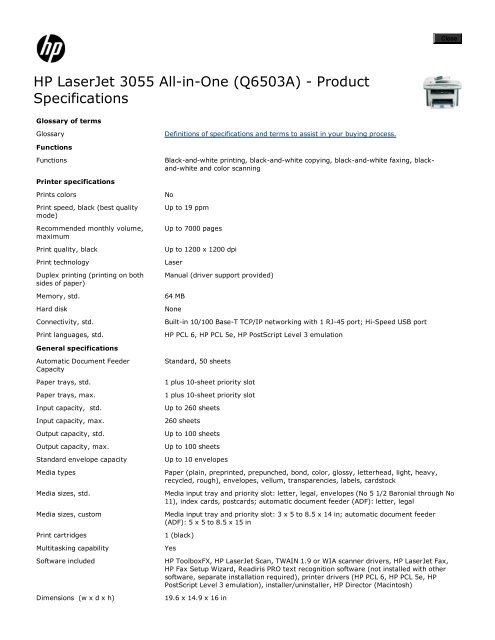 HP LaserJet 3055 All-in-One (Q6503A) - Product Specifications