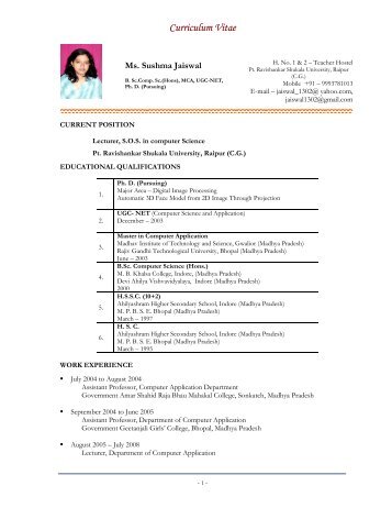 Curriculum Vitae - Pt. Ravishankar Shukla University, Raipur