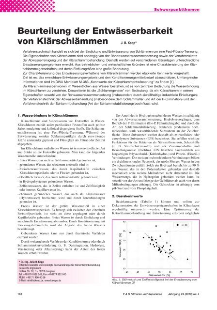 Beurteilung der Entwässerbarkeit von Klärschlämmen J. B. Kopp*