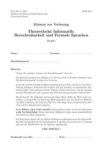 Klausurtext im PDF-Format - Fachgebiet Theoretische Informatik ...