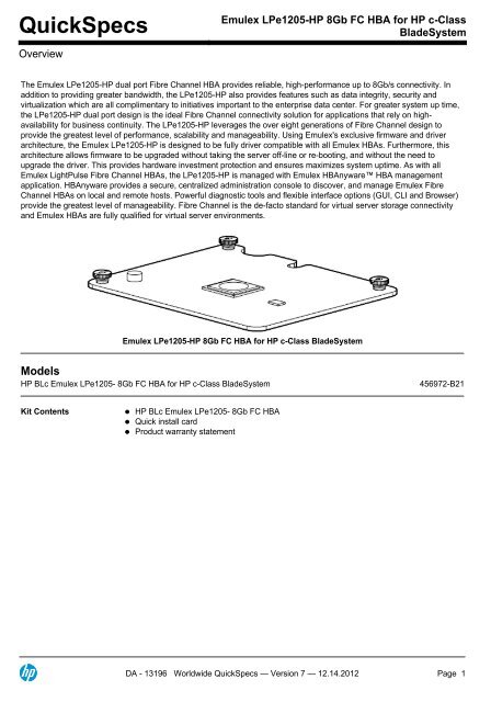 Emulex LPe1205-HP 8Gb FC HBA for HP c-Class BladeSystem