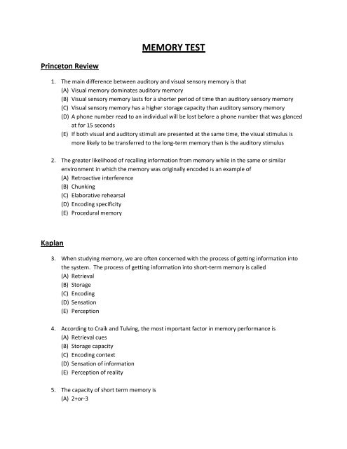 MEMORY TEST - Lake Central High School