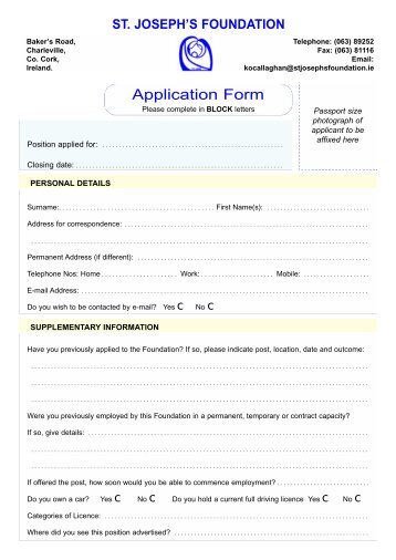 Job Application Form - St Joseph's Foundation