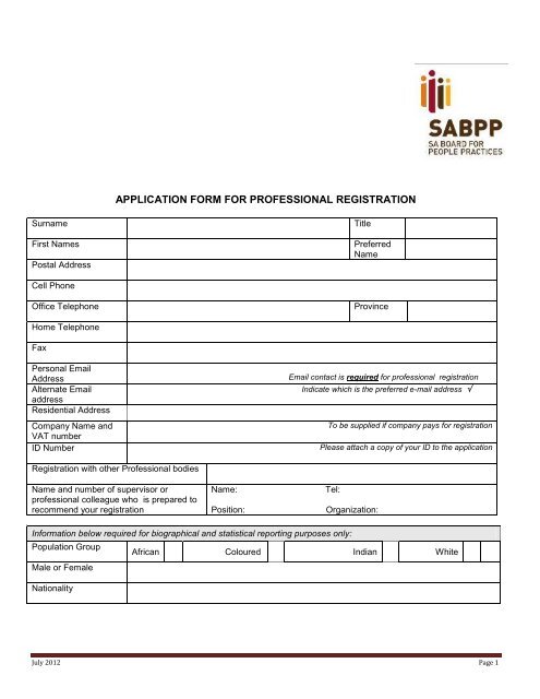 APPLICATION FORM FOR PROFESSIONAL REGISTRATION - SABPP