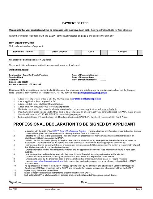 APPLICATION FORM FOR PROFESSIONAL REGISTRATION - SABPP