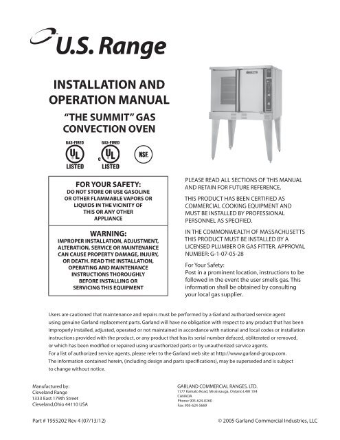 installation and operation manual - Garland - Garland Group