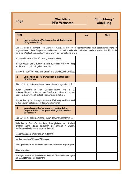 Tagespflege kompakt - Checkliste PEA Verfahren