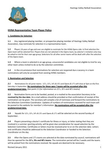 Representative Player Policy - Hastings Valley Netball Association