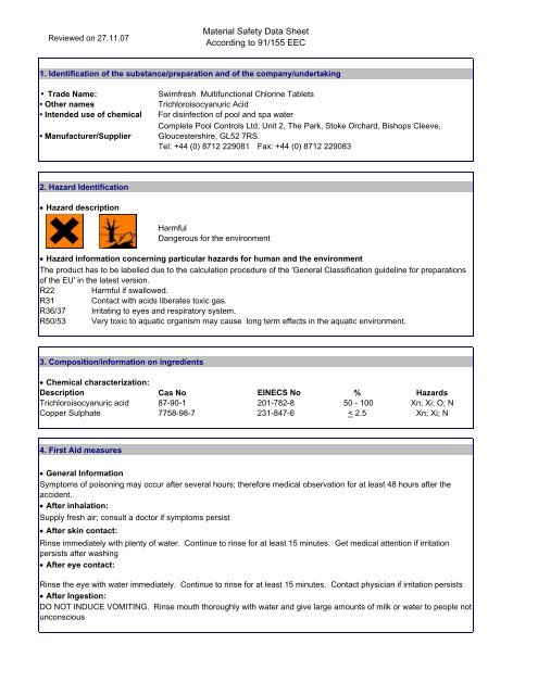 Material Safety Data Sheet According to 91/155 EEC