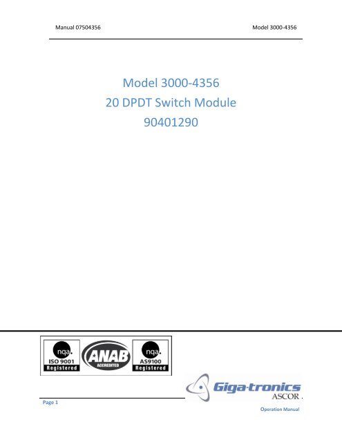 Giga-tronics ASCOR 3000-4356 Users Manual, 20 DPDT Switch ...