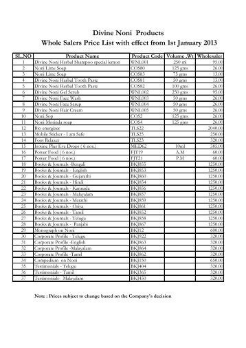 Divine Noni Products Whole Salers Price List with ... - Noni Family