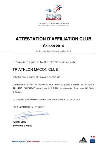 ATTESTATION AFFILIATION CLUB 2012 / 2013 - Triathlon MÃ¢con ...