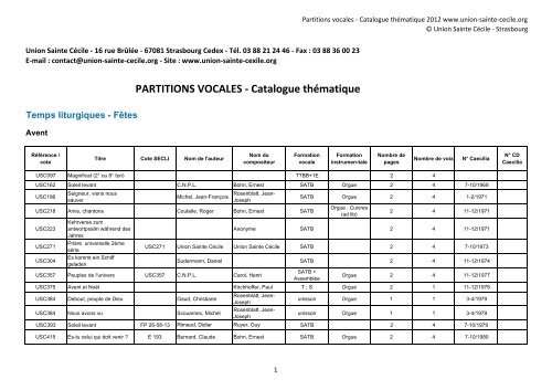 Partitions vocales - Catalogue thÃ©matique 2012 - Union Sainte CÃ©cile