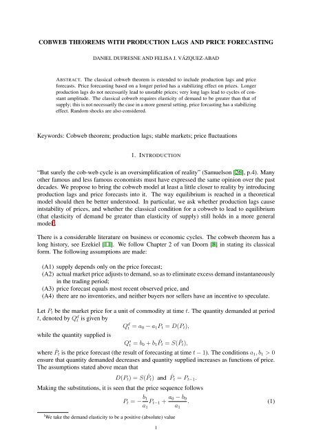 Cobweb Theorems with production lags and price forecasting