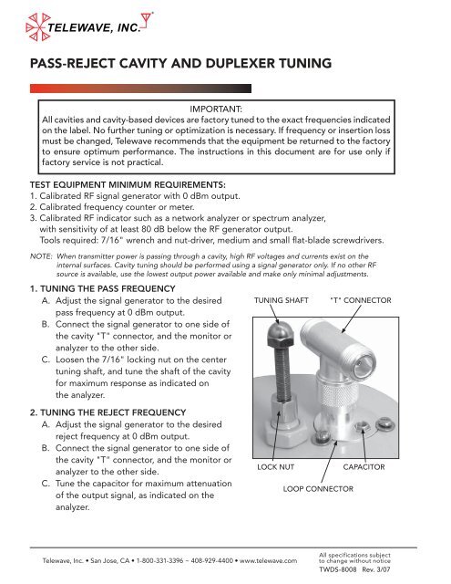 Pass-Reject Cavity & Duplexer Tuning - Telewave, Inc.