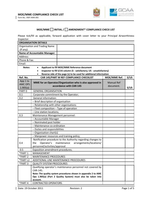 MOE/MME COMPLIANCE CHECK LIST