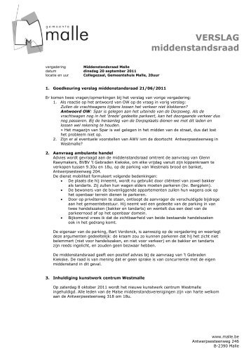 Verslag middenstandsraad 20 september 2011 - Gemeente Malle