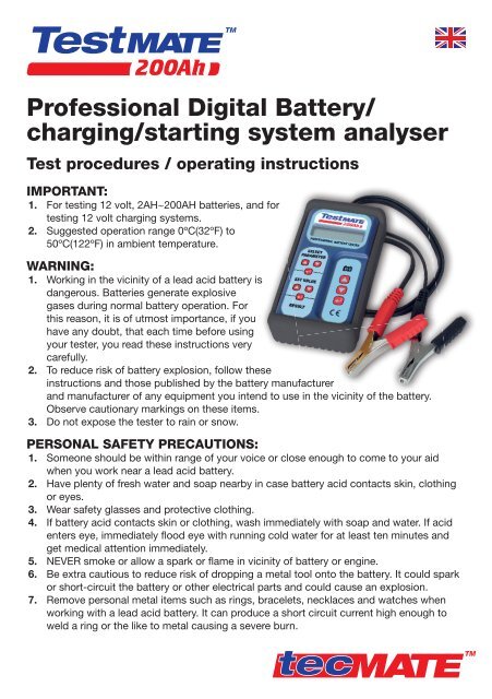 Professional Digital Battery/ charging/starting ... - Tecmate-int.com