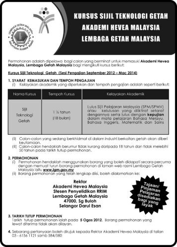 borang permohonan kursus sijil teknologi getah