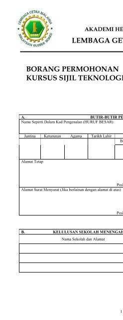 borang permohonan kursus sijil teknologi getah