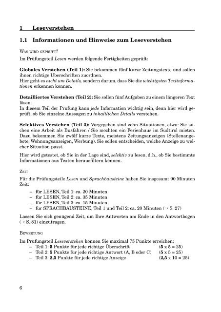 1 Leseverstehen 1.1 Informationen und Hinweise zum Leseverstehen