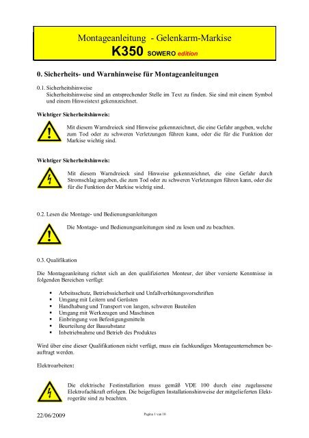 Montageanleitung - Gelenkarm-Markise - Sowero