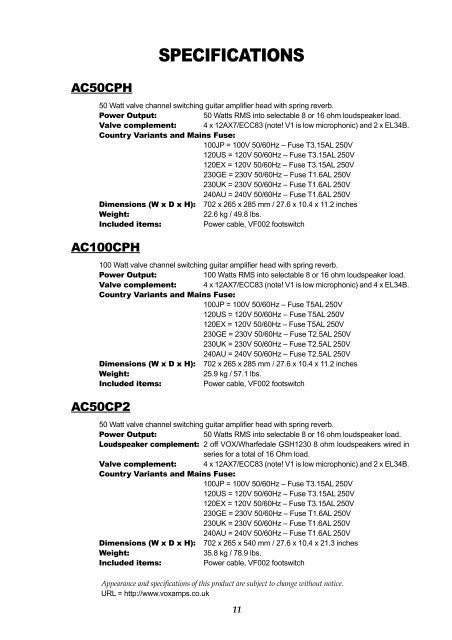 VOX AC50/100CP Owner's manual - The VOX Showroom