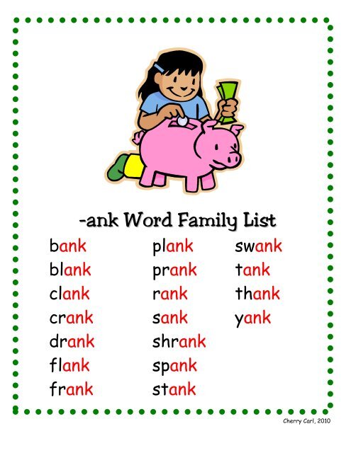 -ank Word Family List