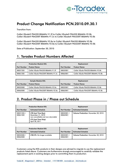 Product Change Notification PCN.2010.09.30.1 - Toradex