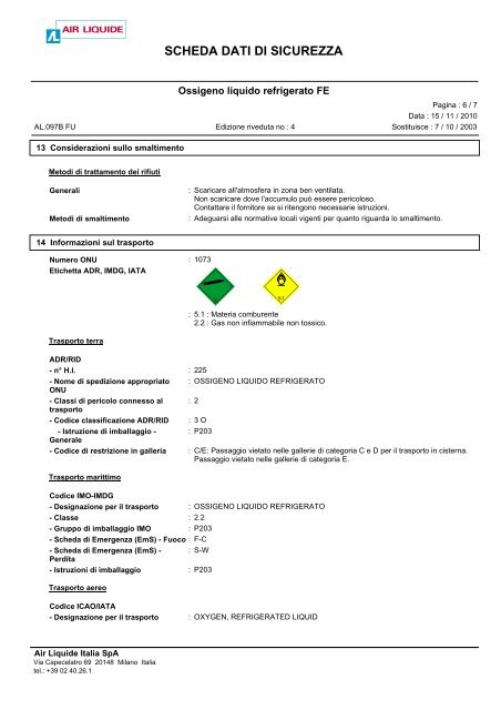 Ossigeno liquido refrigerato FE - Air Liquide Italia