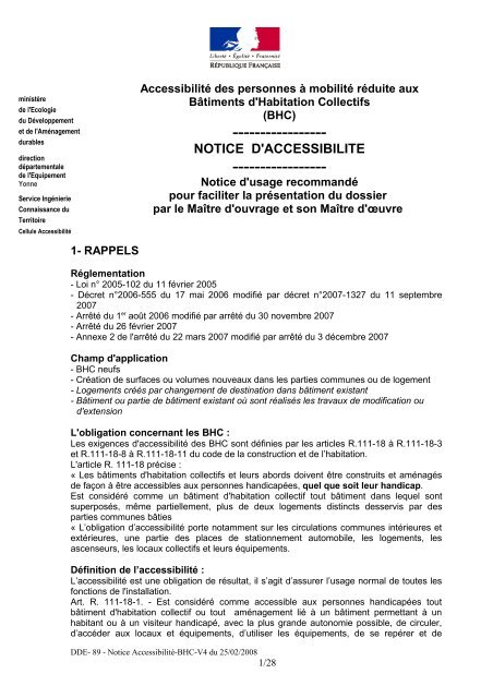 Notice d'accessibilitÃ© BHC du 25 fÃ©vrier 2008 - Les services de l'Ãtat ...