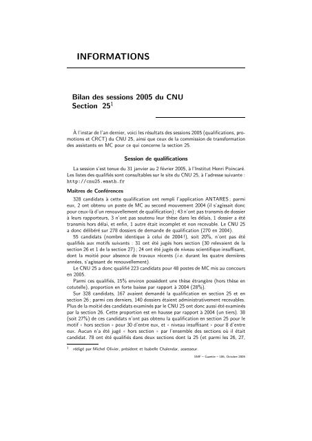 Bilan des sessions 2005 du CNU 25 - Emath.fr