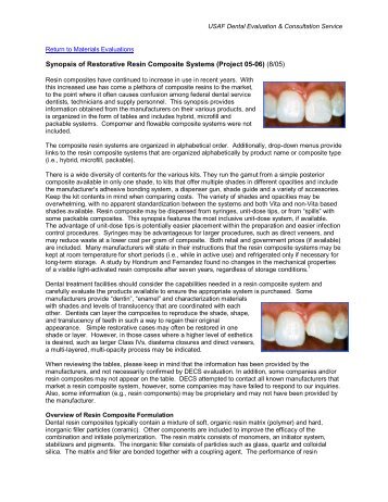 Synopsis of Restorative Resin Composite Systems - Air Force ...