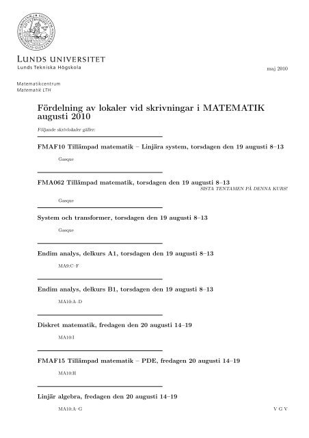 Fördelning av lokaler vid skrivningar i MATEMATIK ... - Student LTH