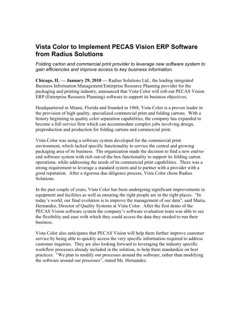 Vista Color to Implement PECAS Vision ERP Software from Radius ...