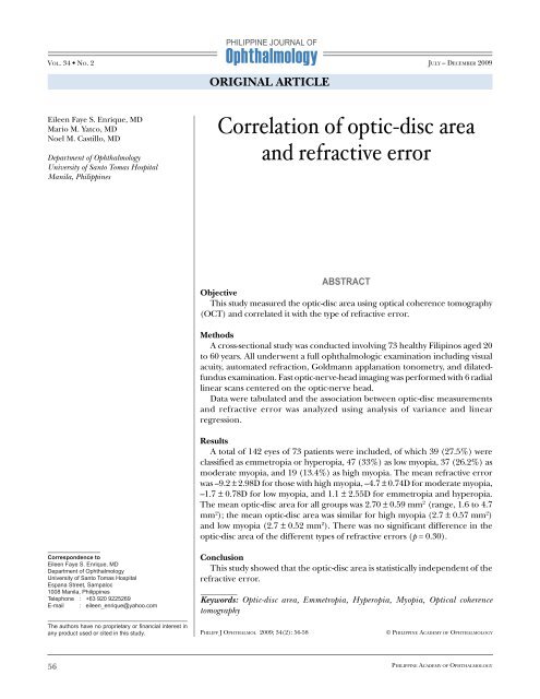 Correlation of optic-disc area and refractive error - Philippine ...
