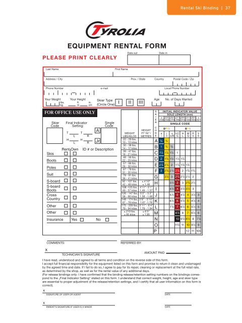 equipment rental form - Tyrolia