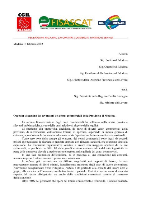Modena 13 febbraio 2012 Alla c.a Sig. Prefetto di ... - CGIL Modena