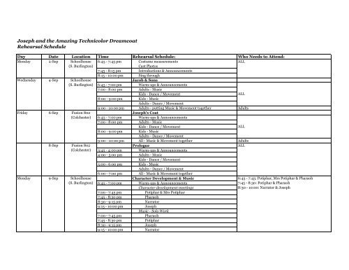 Rehearsal Schedule Sept 2 - Lyric Theatre Company